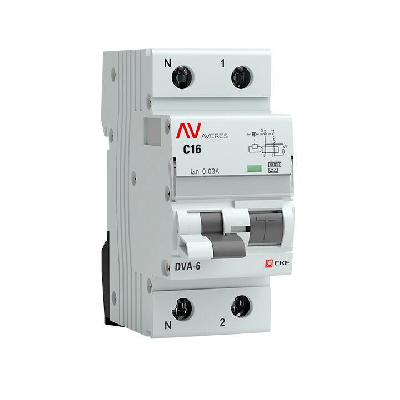 Выключатель автоматический дифференциального тока 2п (1P+N) C 16А 30мА тип A 6кА DVA-6 Averes EKF rcbo6-1pn-16C-30-a-av