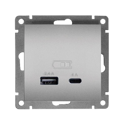 Розетка 2-м USB СП Афина тип А+С 5В 1х2.4А 2х4А механизм графит Universal A0059-Gr