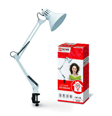 Светильник настольный СНС 13Б 60Вт E27 230В под лампу на струбцине бел. (кор.) IN HOME 4690612012728