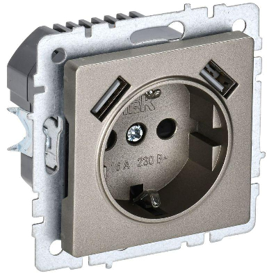Розетка BRITE РЮш10-1-БрШ 16А с USB A+A 2.1А с заземл. защ. шторки механизм шампань IEK BR-R14-16-U21-D21-K37