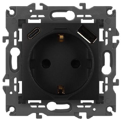 Розетка Elegance 14-4108-05 16A 250В 2P+E защ. шторки с USB type-A+C 3А 5В антрацит Эра Б0067724