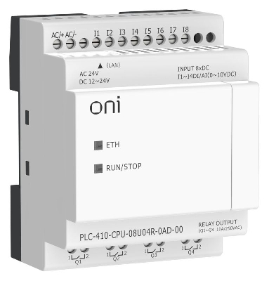 Модуль ЦПУ ПЛК 410 4 DI 4 UI (0-10 В/DI) 4 RO 12В-24В DC или 24В AC с Ethernet портом без экрана ONI PLC-410-CPU-08U04R-0AD-00