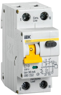 Выключатель автоматический дифференциального тока 2п (1P+N) C 10А 30мА тип A 6кА АВДТ-32 IEK MAD22-5-010-C-30