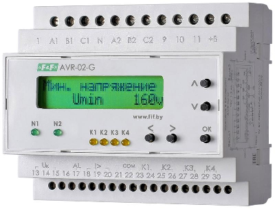 Устройство управления резервным питанием AVR-02-G (2 ввода однофункц. (для работы с генератором) ЖКИ индикатор 35мм 3х400В+N 5х8А 5P IP20 монтаж на DIN-рейке) F&F EA04.006.005