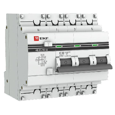 Выключатель автоматический дифференциального тока 4п (3P+N) C 32А 30мА тип AC 4.5кА АД-32 защита 270В электрон. PROxima EKF DA32-32-30-4P-pro