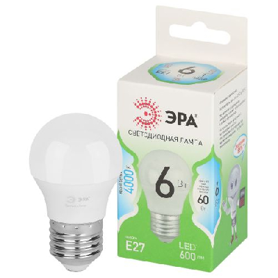 Лампа светодиодная GREEN LINE P45-6W-840-E27 GL 6Вт шар 4000К яркий свет бел. E27 Эра Б0067067