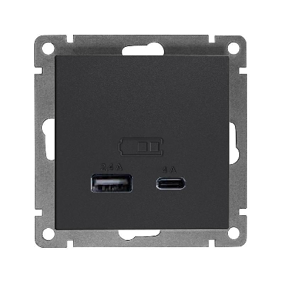 Розетка 2-м USB СП Афина тип А+С 5В 1х2.4А 2х4А механизм графит Universal А0059-Gr
