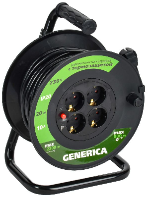 Удлинитель на катушке 4х20м 10А IP20 УК20 2P+PE 3х1 термозащита GENERICA WKP10-10-04-20-G